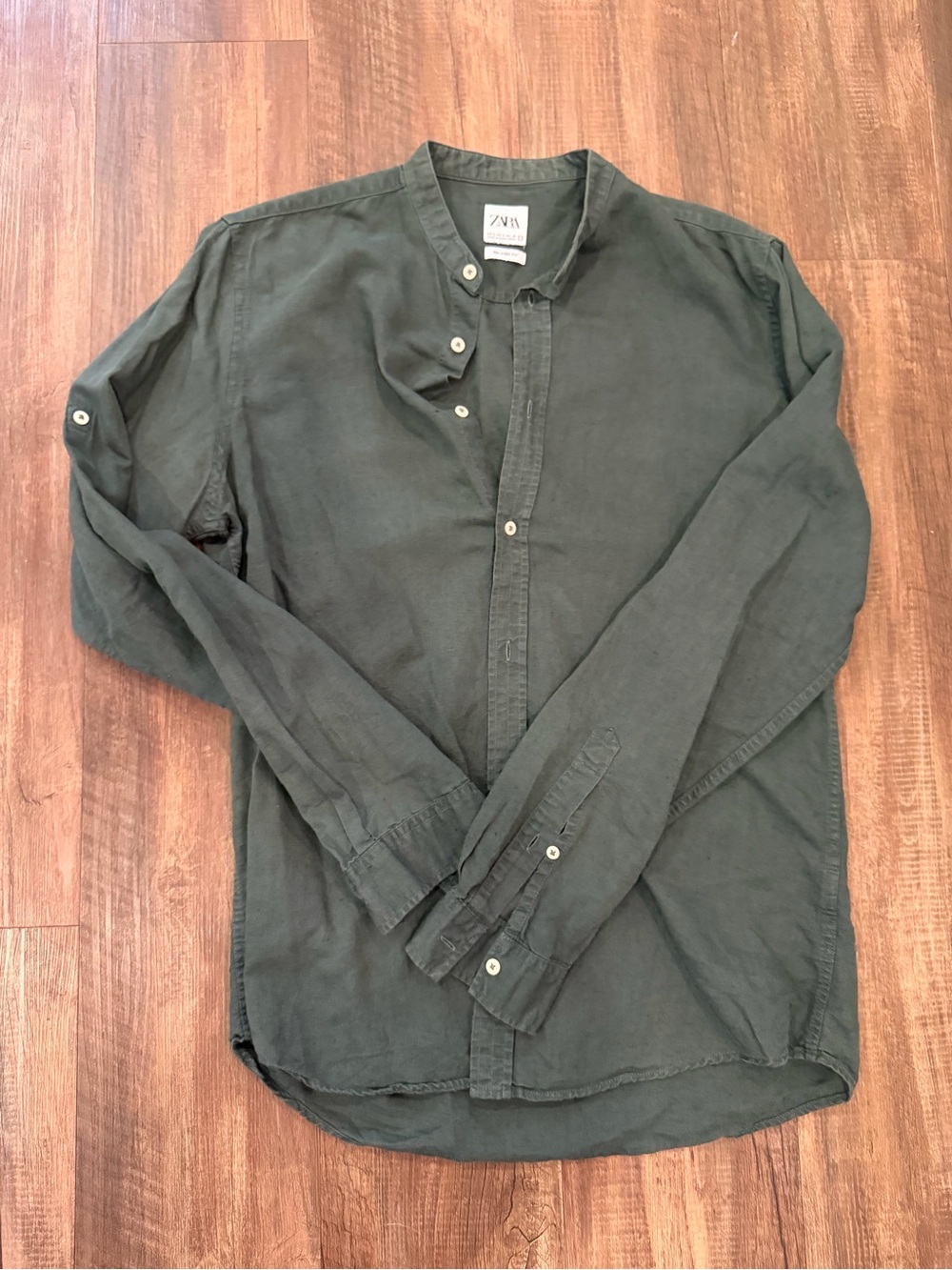 Zara Men's Olive Green Relaxed Linen-Blend Button-Down Shirt